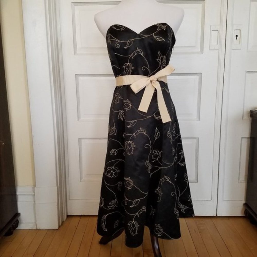 WHBM Embroidered Strapless Satin Cocktail Dress